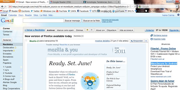 Mail de Mozilla ofreciendo descargar Firefox 5