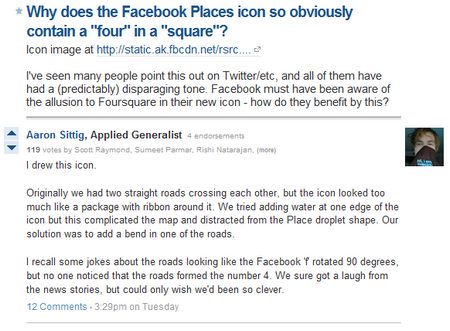 Según Facebook, el Four y el Square (FourSquare) en el logo de Places es sin intención 3