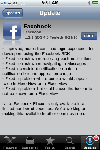 Facebook para iPhone actualizada a la Versión 3.2.3 corrigiendo los errores de "Places" 1