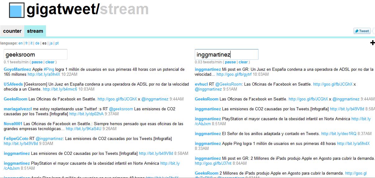 Live Twitter Stream: Mira en tiempo real los TPM de 2 usuarios en Twitter. 1