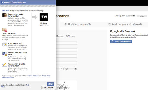 Inicio de sesión con credenciales de Facebook en MySpace no funciona. 1