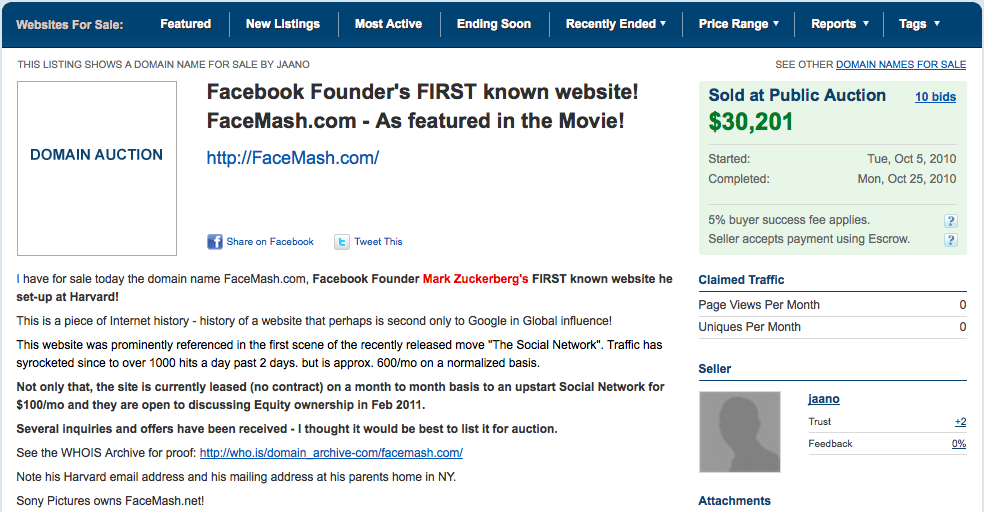 Web hecha por Zuckerberg en la Universidad vendida por 30.000$. 1