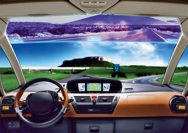 Full-rear-view windscreen monitor: Un concepto de retrovisor en el parabrisas del coche. 1