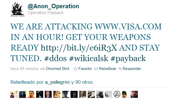 Anonymous anuncia en un tweet que Visa estará down a las 22:15 hora Española. 1
