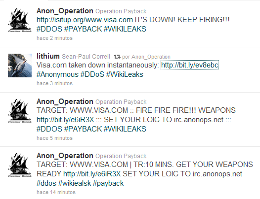 Anonymous anuncia en un tweet que Visa estará down a las 22:15 hora Española. 2