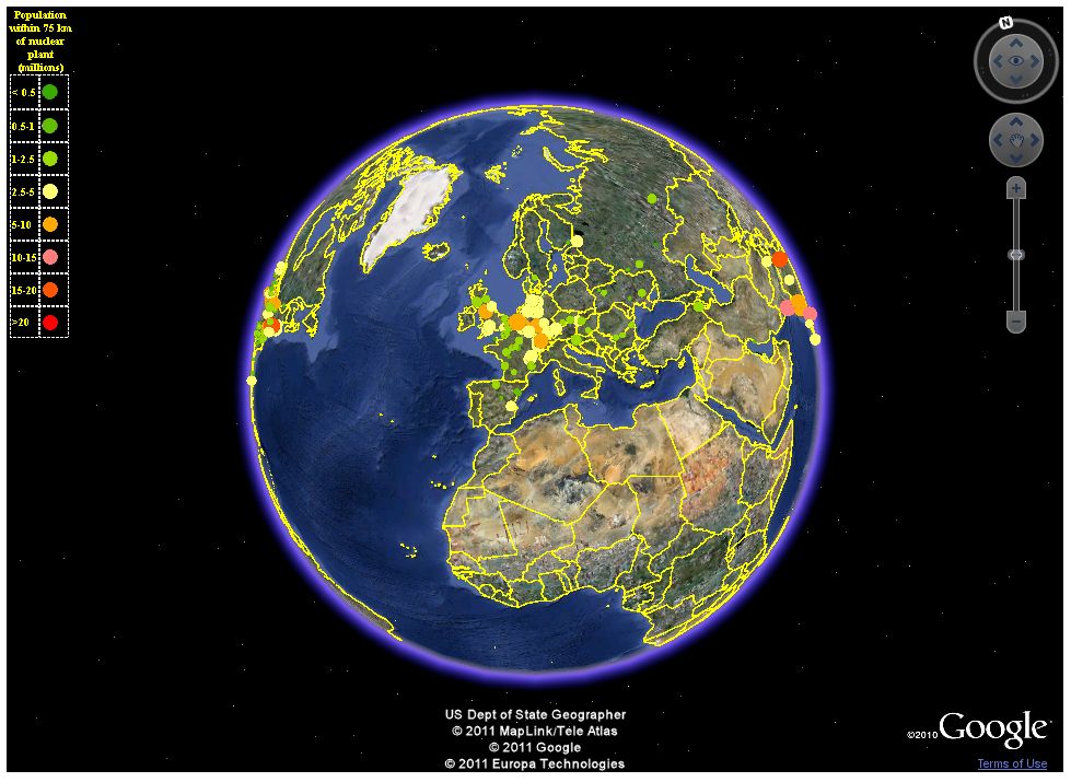 Mapa del mundo que muestra los riesgos de la población ante un accidente nuclear