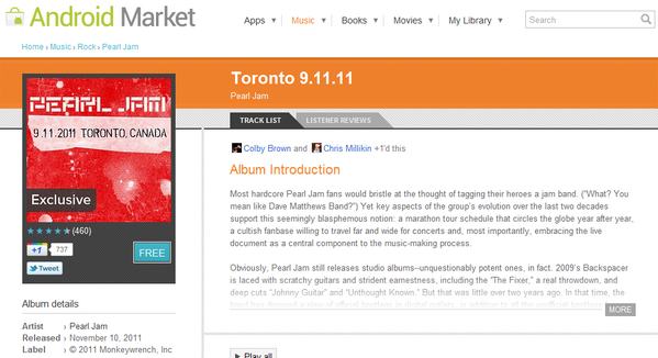 Google Music por hoy nuevamente regala el álbum de Pearl Jam Toronto 9-11-11 1