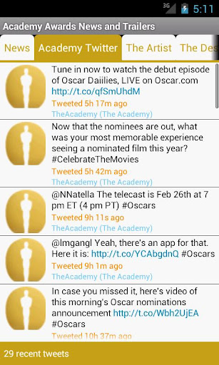 Aplicaciones móviles de Android, Blackberry y iPhone para seguir la entrega de los Oscars 2012 3