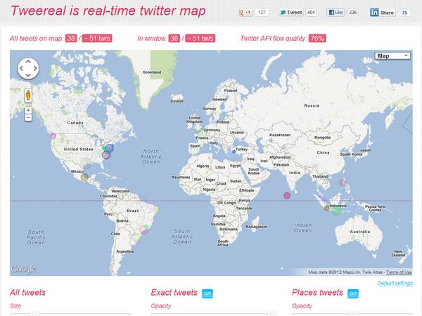 Tweereal, observa la actividad de Twitter en un mapa y en tiempo real 1