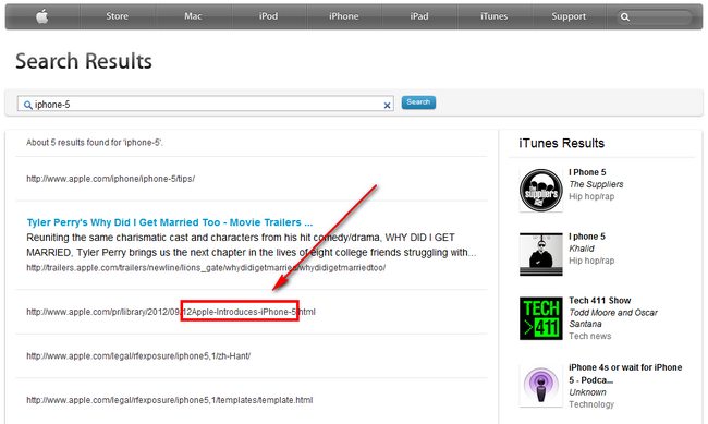 Una búsqueda en el sitio de Apple confirma el nombre de iPhone 5 y el lanzamiento de iTunes 11 1