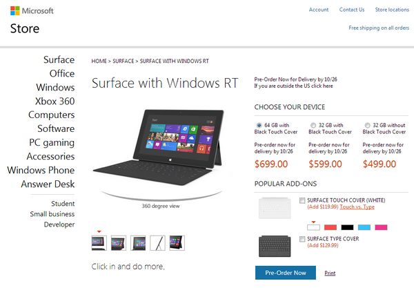 Microsoft anuncia los precios de su tableta Surface con Windows RT, la cual ya se puede reservar 1
