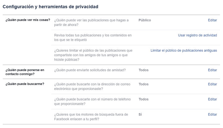 configuracion y herramientas de privacidad de Facebook