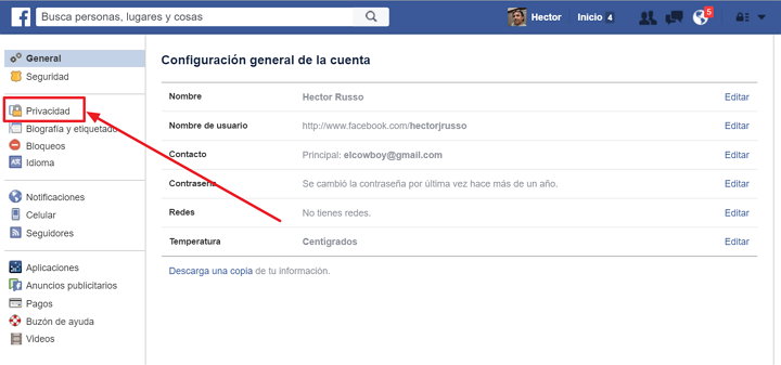 controles de privacidad de Facebook