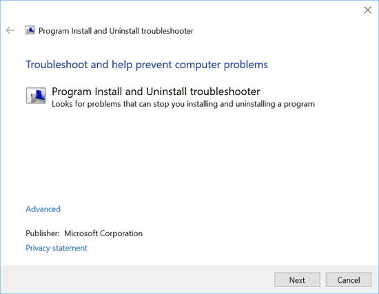 Windows Install and Unistall Troubleshooter
