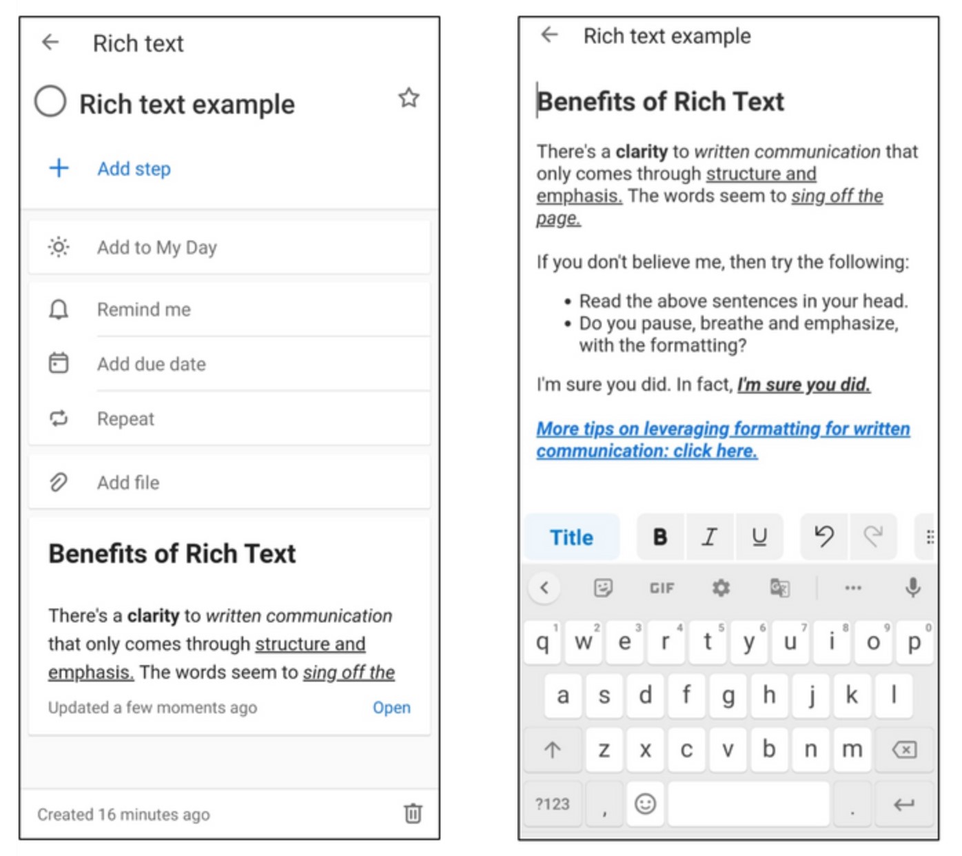 Microsoft To Do Android - Opciones de texto enriquecido en notas