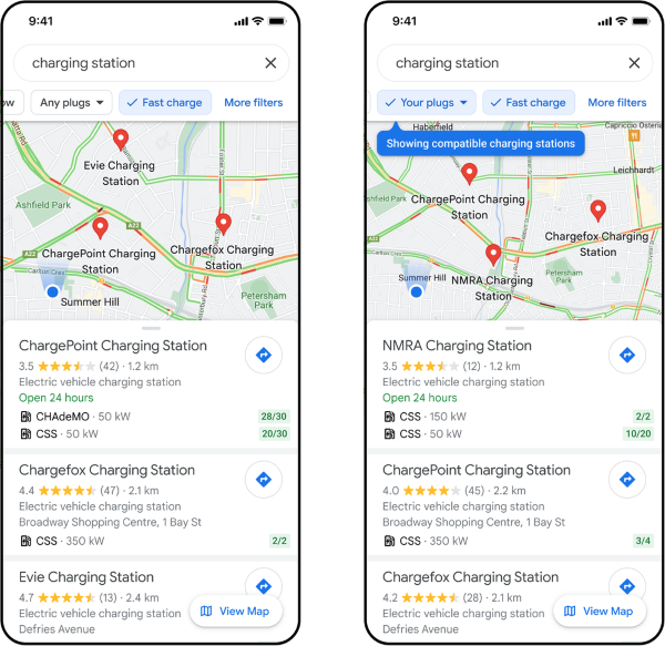 Google Maps - Filtro de Cargadores Vehículos Eléctricos