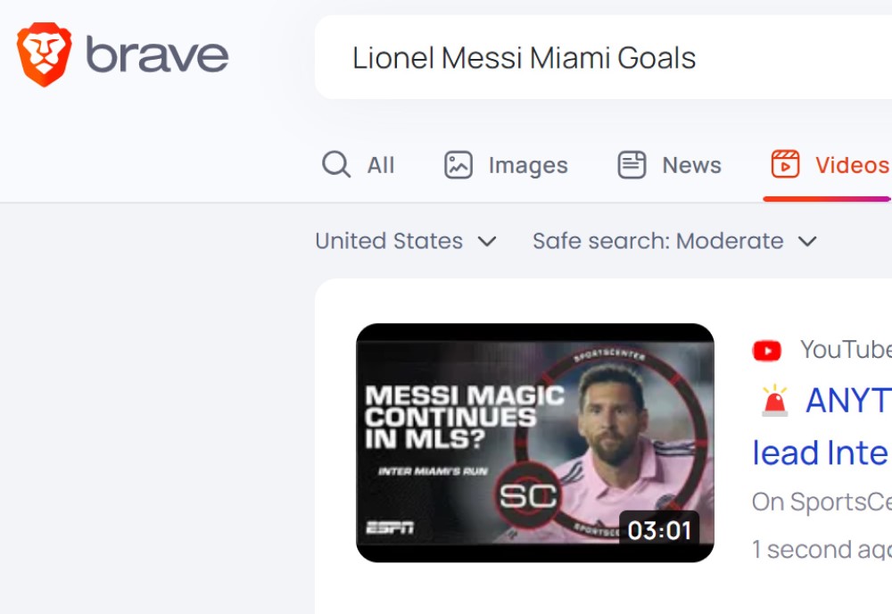 Brave Search Videos de los Goles de Messi en Miami