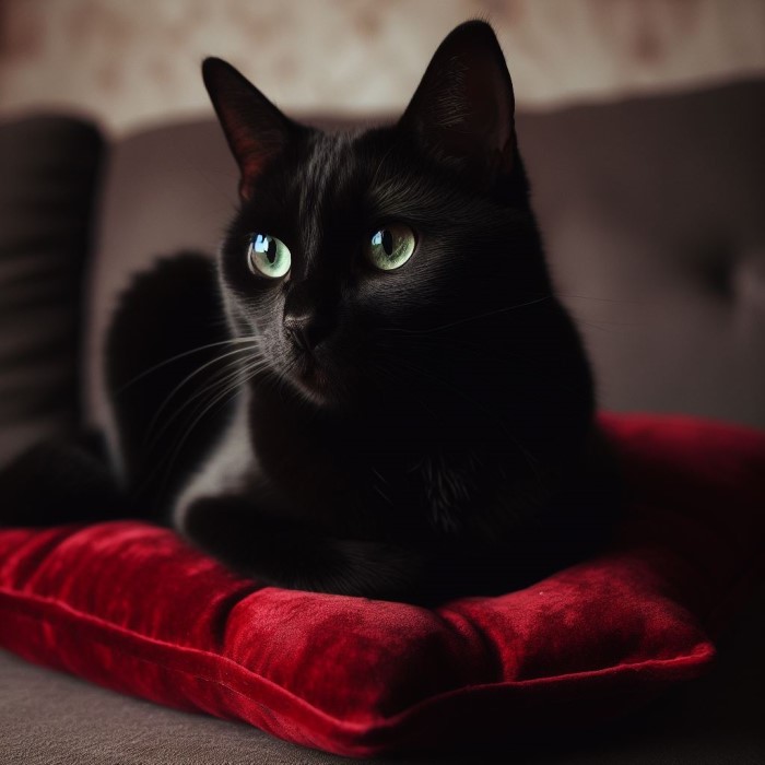 Bing Image Creator - DALL-E 3 - Gato Negro con Ojos Verdes Sentado en una Almohada de Terciopelo Rojo