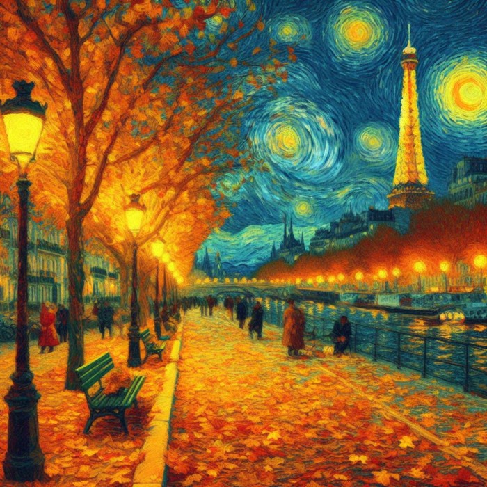 Bing Image Creator - DALL-E 3 - Noche de Otoño en Paris con la Torre Eiffel y Estilo Van Gogh